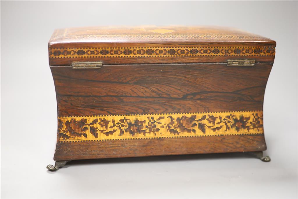 A Regency rosewood and Tunbridge ware inlaid tea caddy, length 22cm (locked)